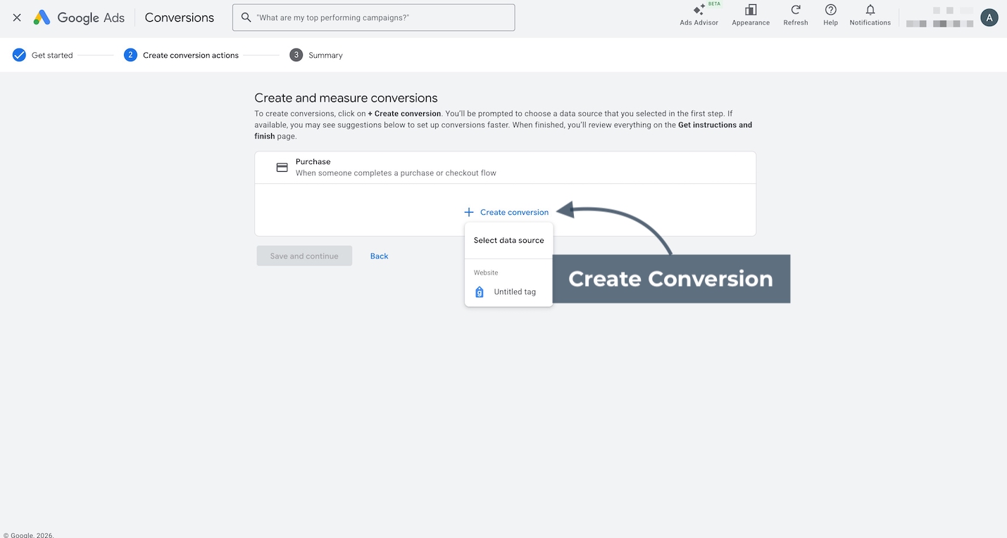 Google Ads conversions setup screen showing Create conversion button with data source selection for a purchase action.