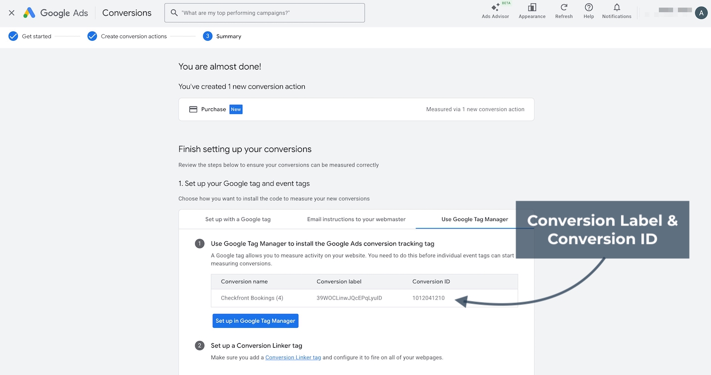 Google Ads conversion tracking setup page displaying conversion ID and conversion label details.