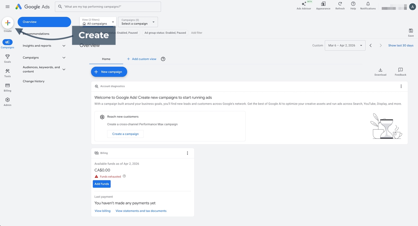 Google Ads dashboard highlighting the Create button to start a new conversion action.