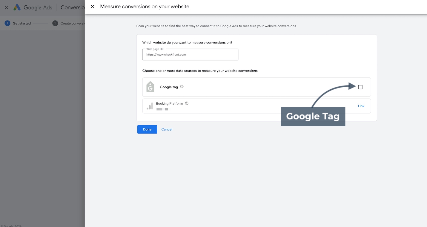 Google Ads measure conversions setup screen highlighting Google tag option for selecting a data source.