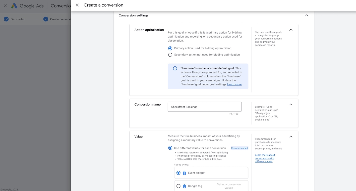 Google Ads create a conversion screen showing expanded Conversion settings with action optimization, conversion name, and value options configured.