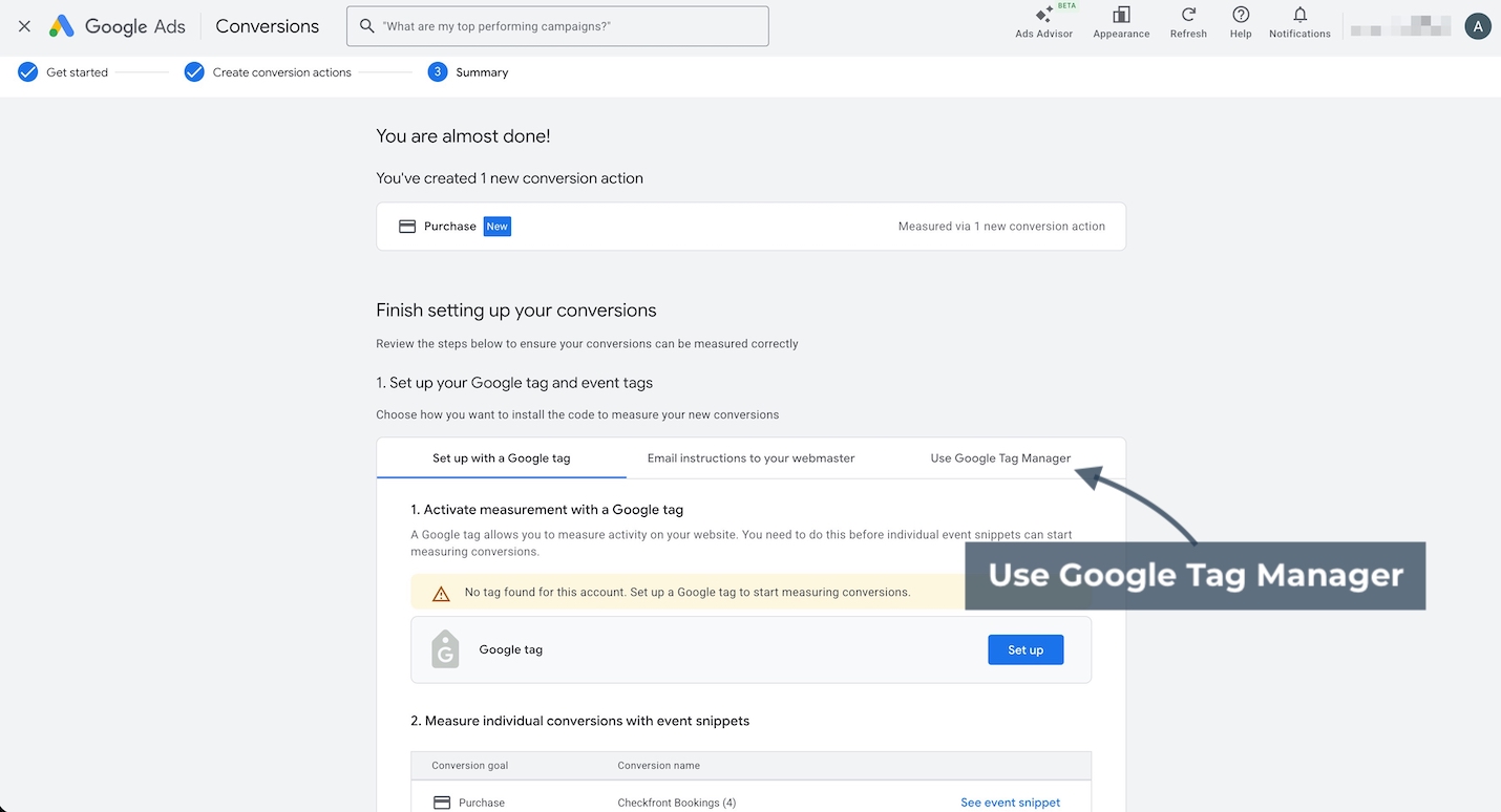 Google Ads instructions page showing option to set up conversions with Google Tag Manager.