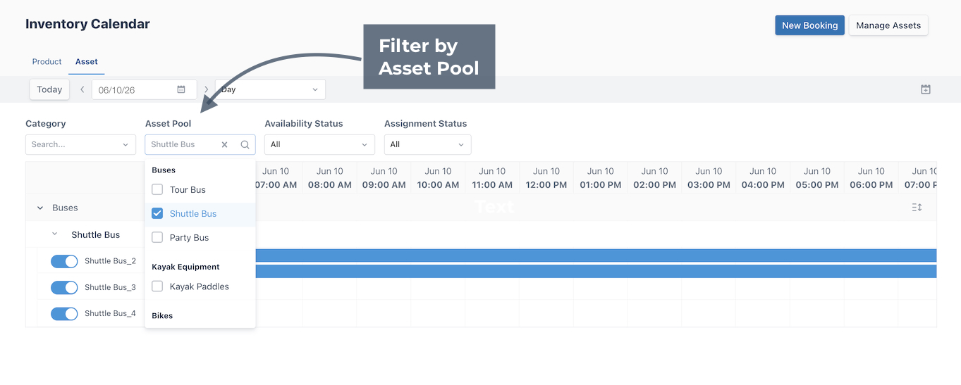 Asset calendar highlighting the Asset Pool filter.