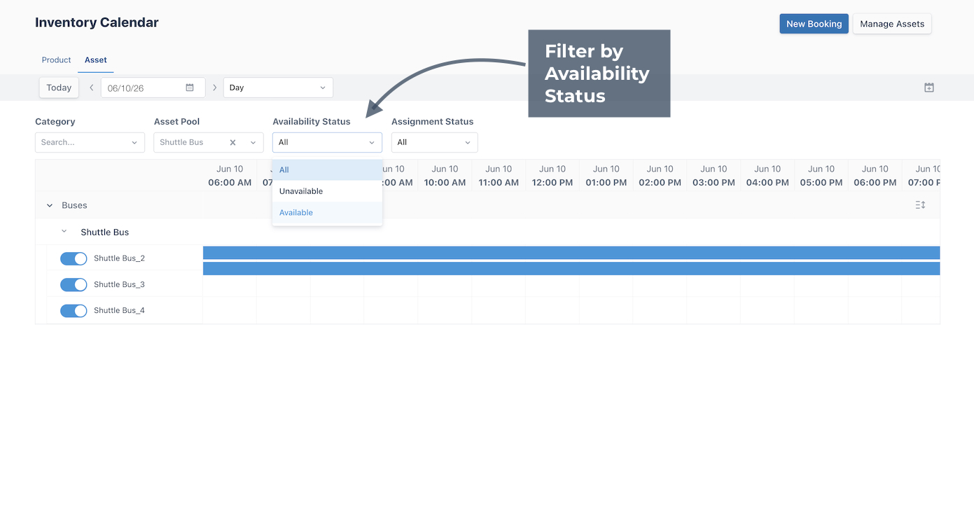 Asset calendar highlighting the Availability Status filter.