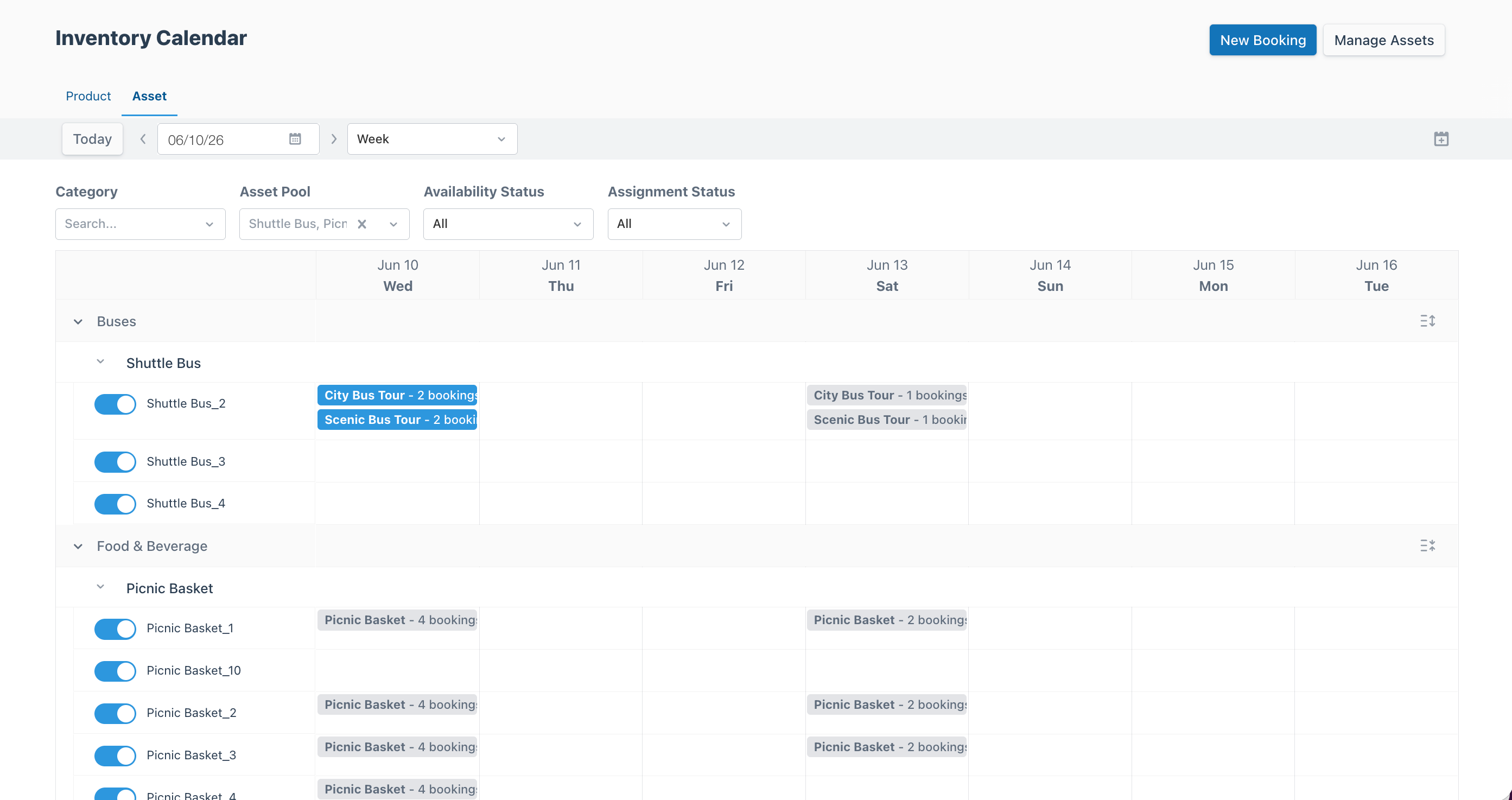 Overview of Asset Calendar with select assets assigned.