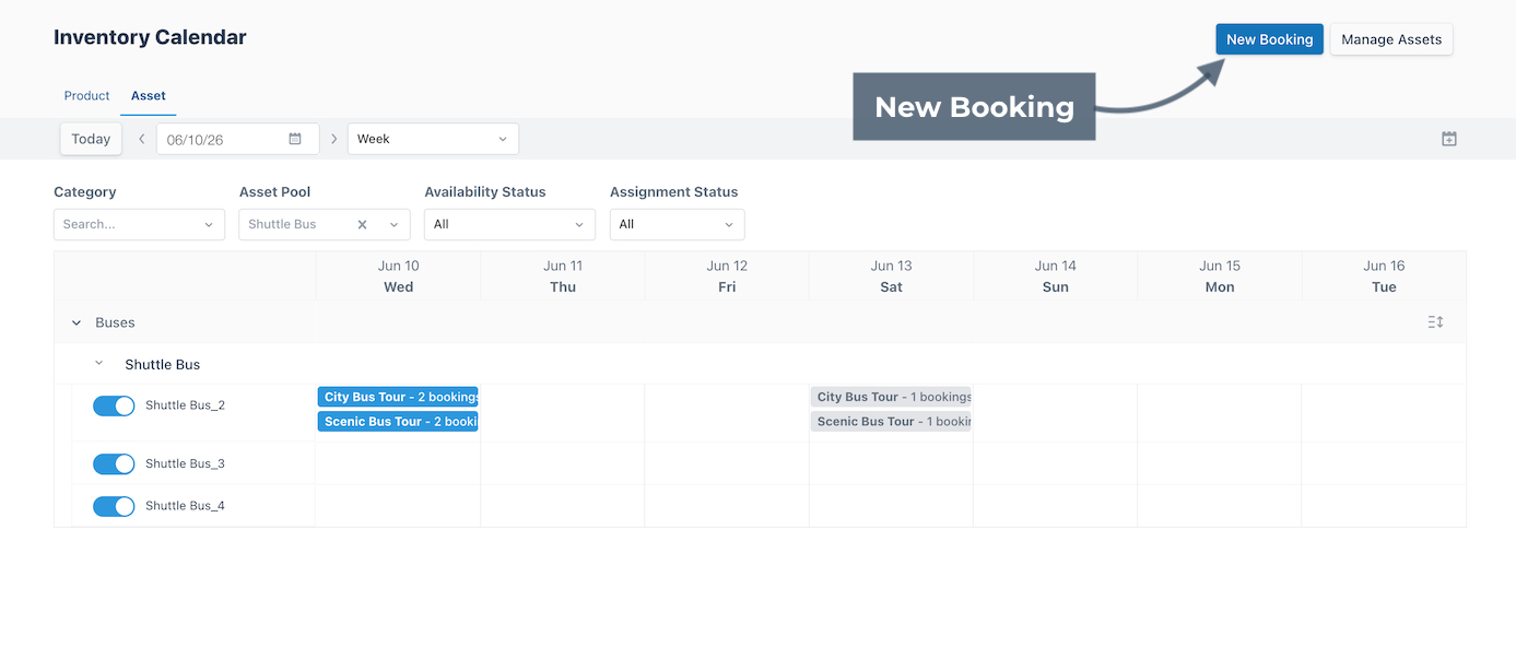 View of Asset Calendar with annotation pointing to the New Booking button.