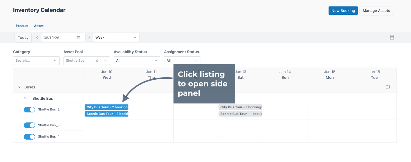 Asset calendar highlighting the path to opening the side panel for a listing.