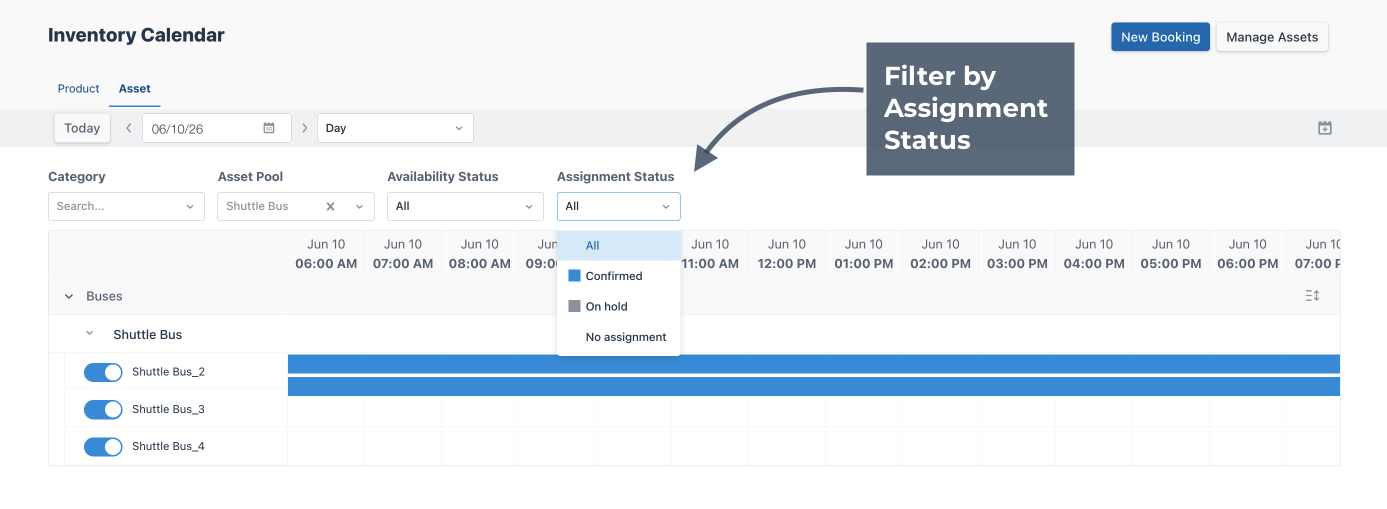 Asset calendar highlighting the Assignment Status filter.