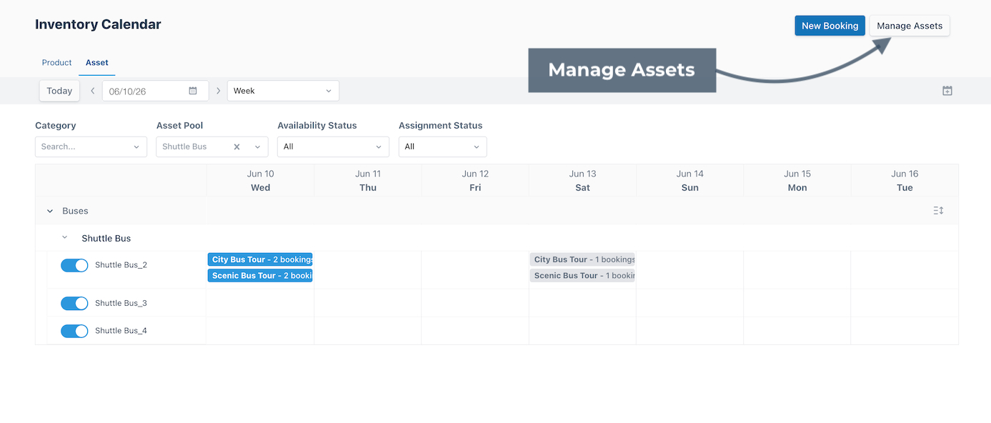 View of Asset Calendar with annotation pointing to Manage Assets.