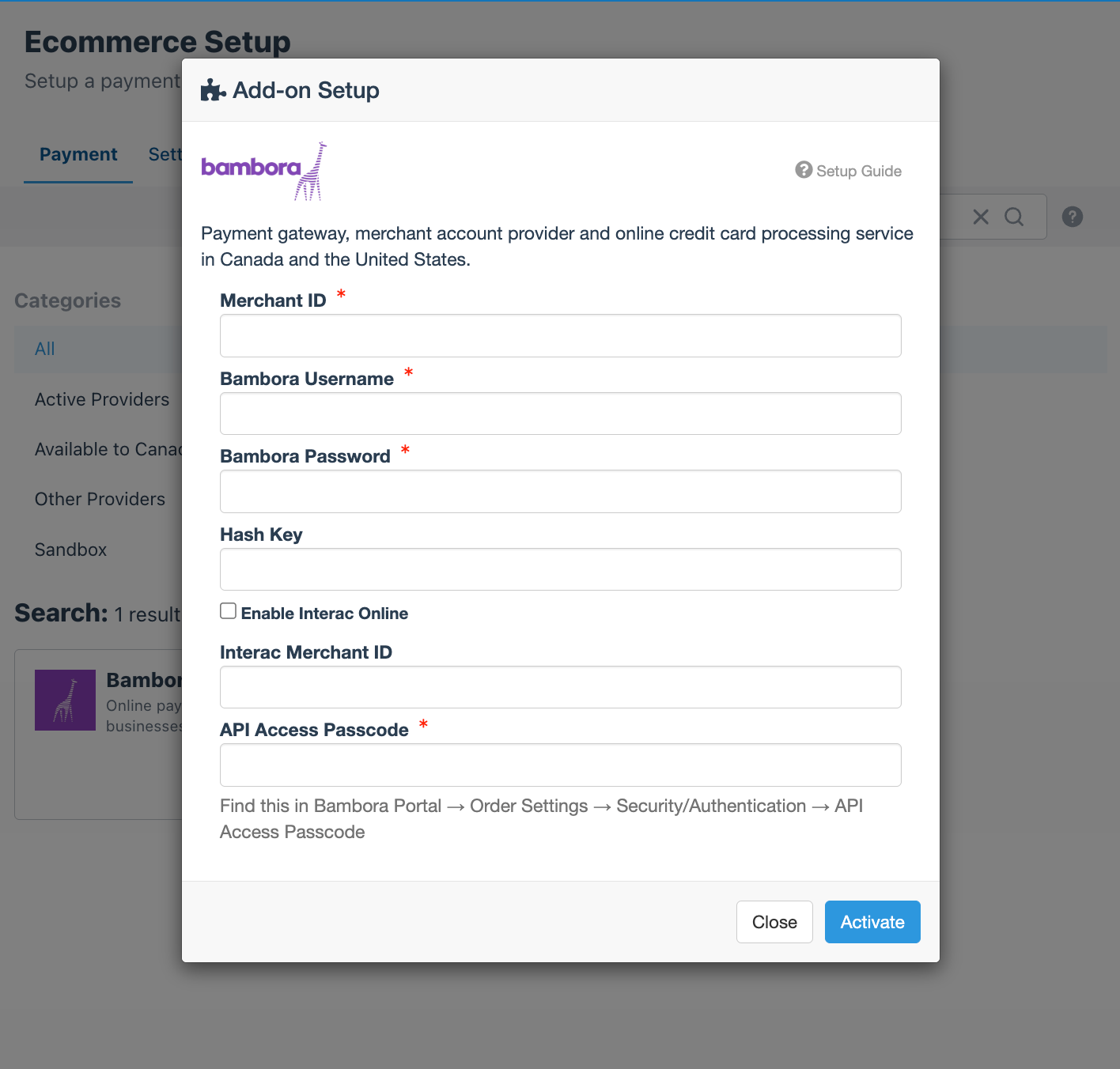 Ecommerce Add-on Setup modal for Bambora