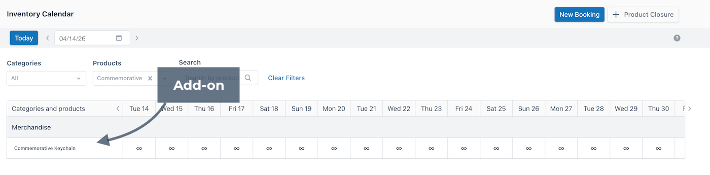 Inventory Calendar with annotation pointing to example add-on.