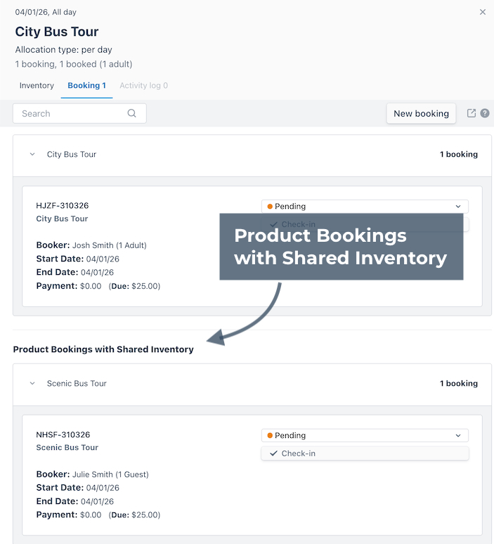 Inventory calendar with annotation pointing to the Product Bookings with Shared Inventory section