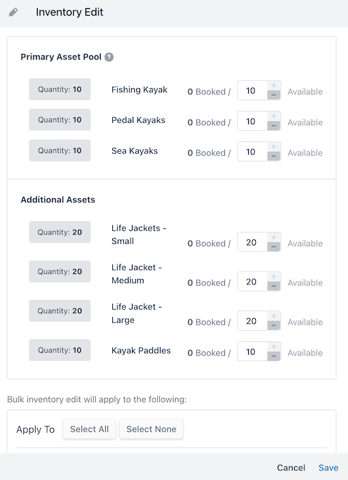Inventory Calendar bulk edit modal showing additional asset settings.