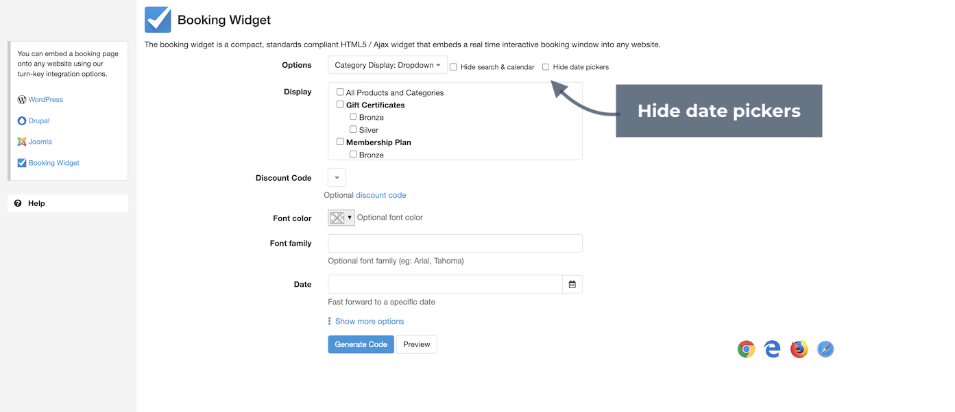 Booking widget page with annotation pointing to hide date pickers.