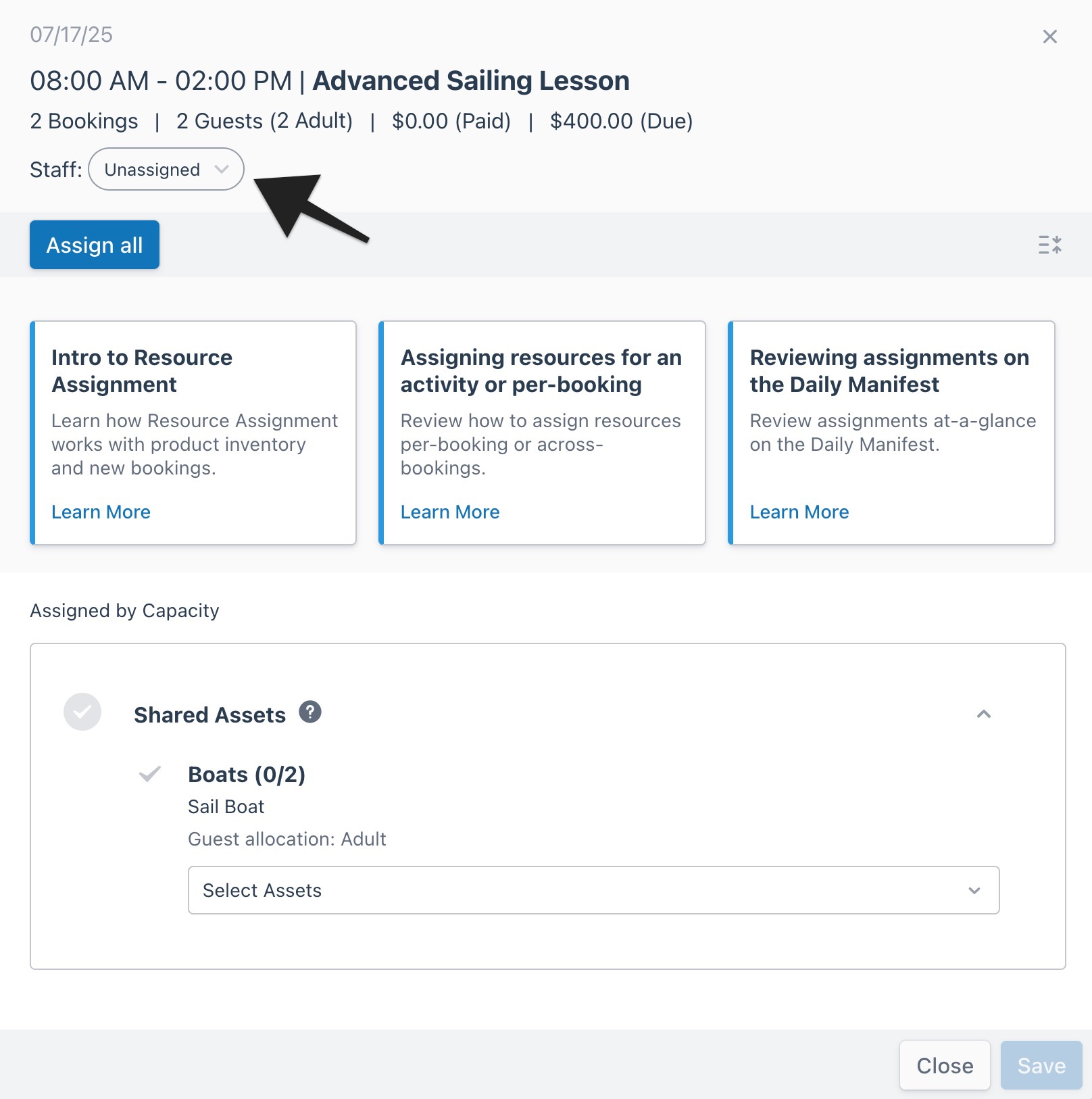 Open session drawer with an arrow pointing to the ‘Staff’ drop-down menu to indicate selection.