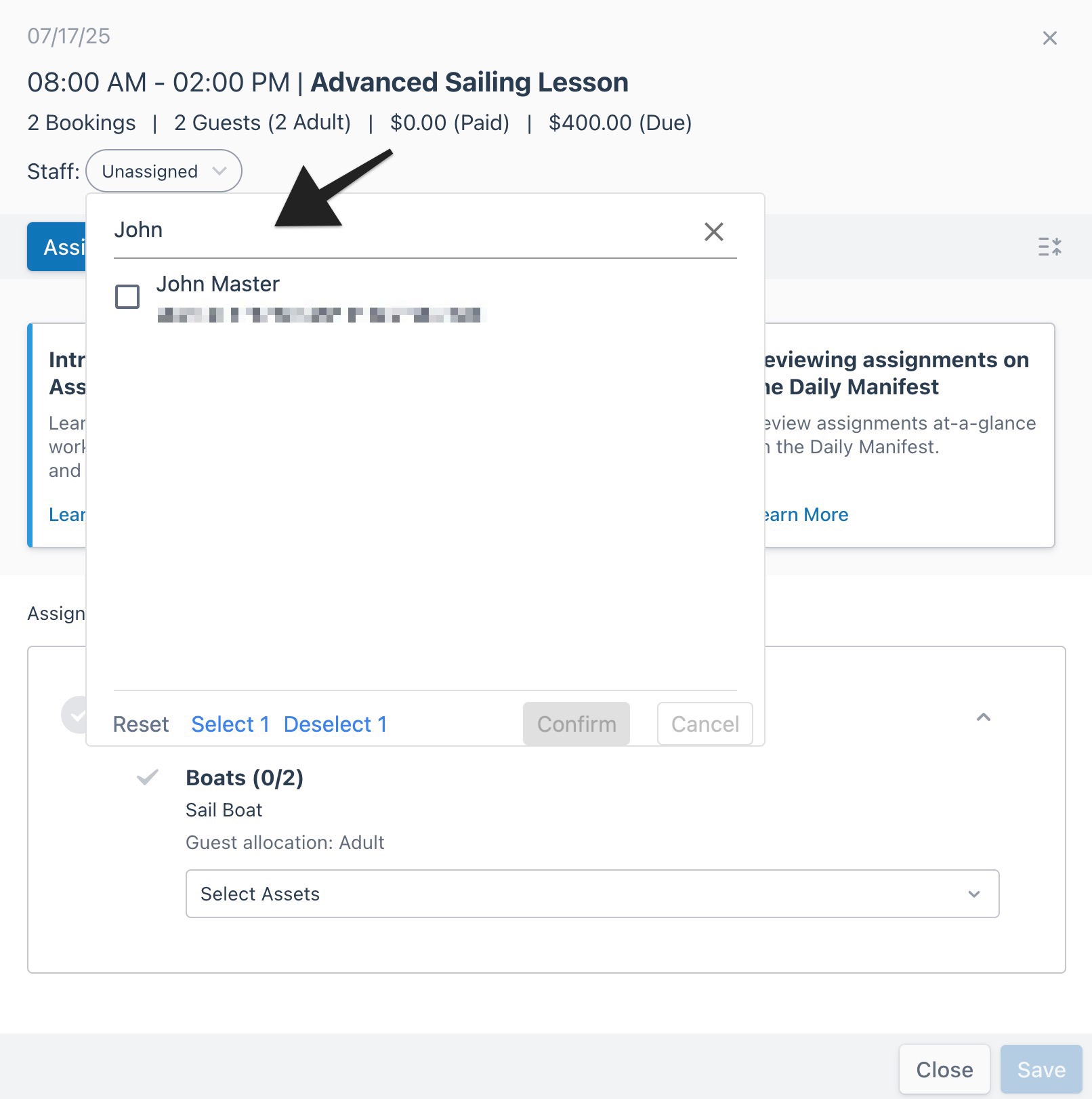 Open session drawer with an arrow pointing to the search bar displaying input text and matching results.