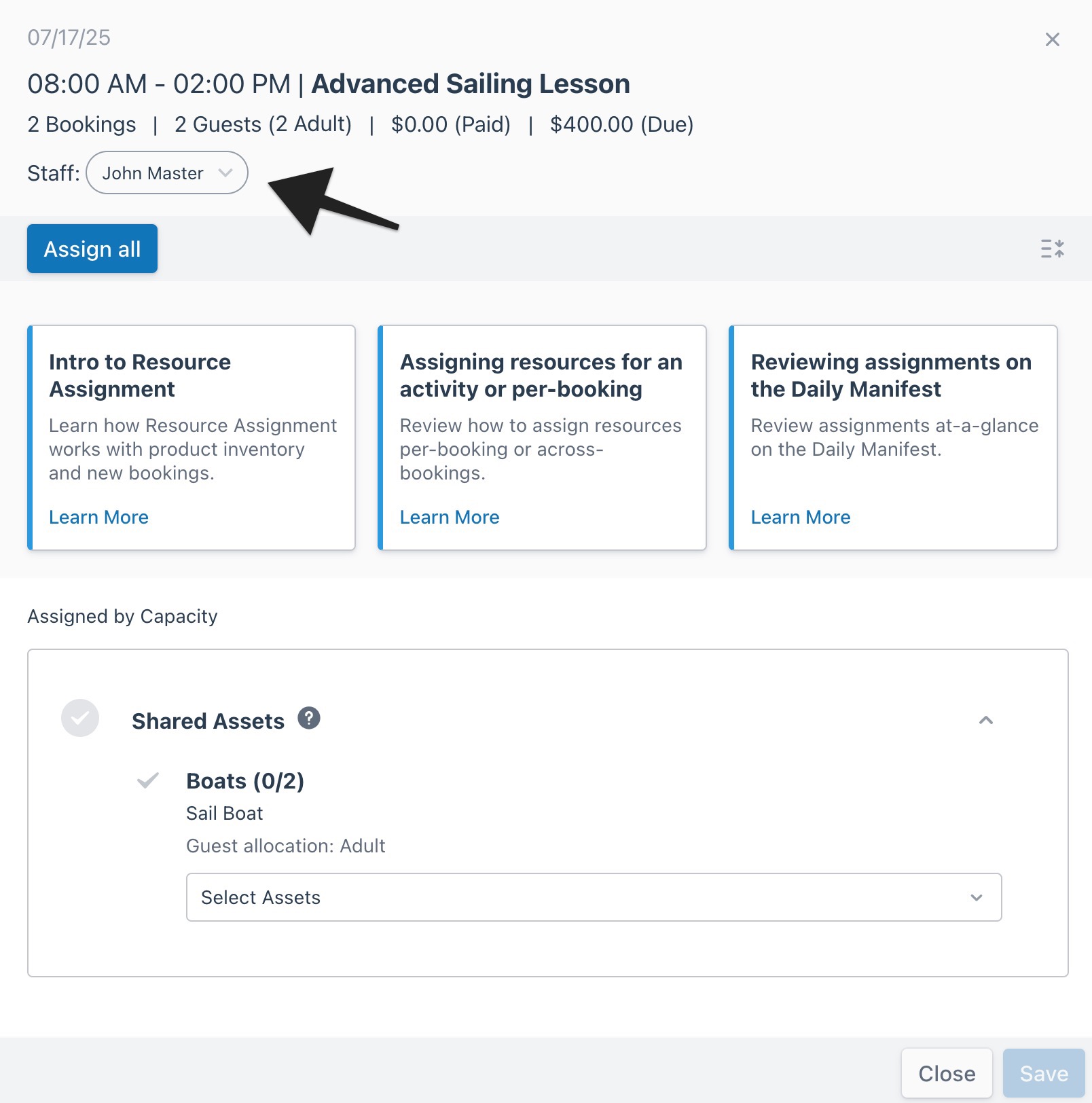 Open session drawer with an arrow pointing to the 'Staff' menu displaying the name of an assigned staff member.