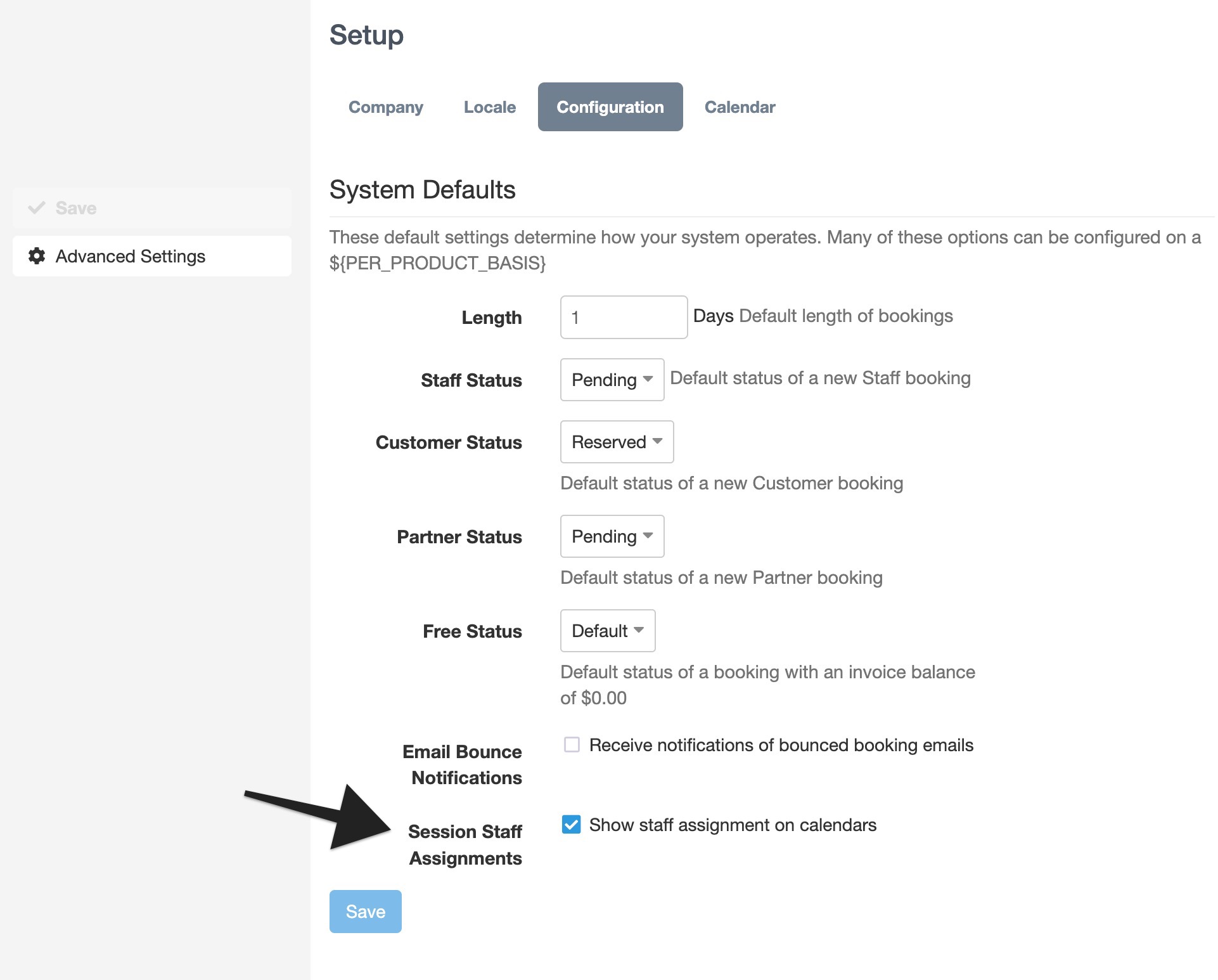 System configuration settings screen with arrow pointing to "Session Staff Assignments" option, which controls showing staff assignments on calendars.