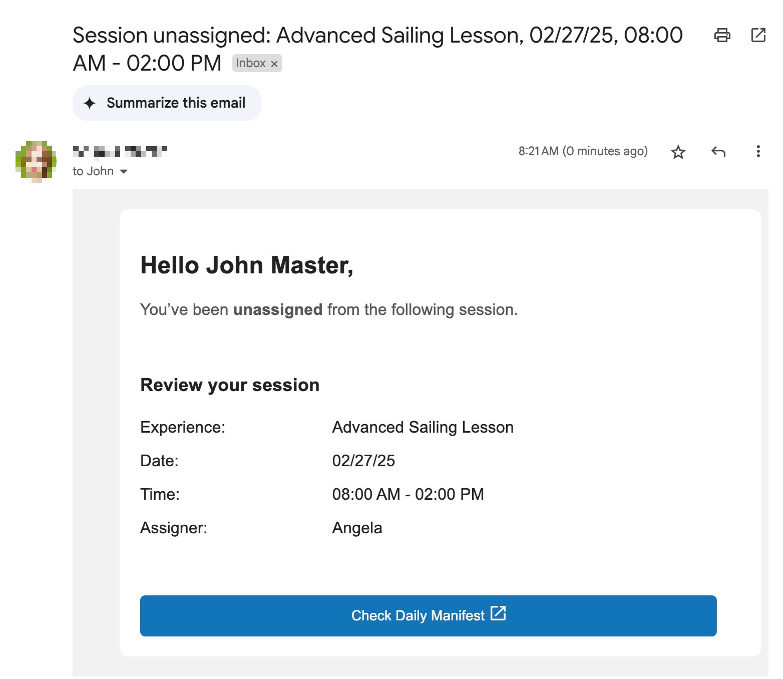 Example of a received email showing a staff unassignment for an active session.