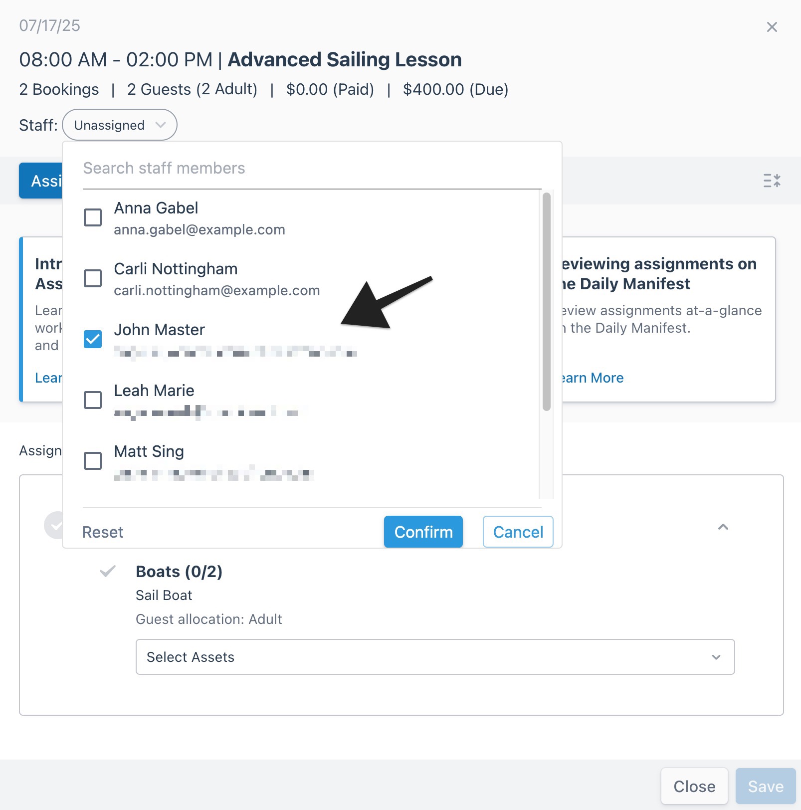 Open session drawer with an arrow pointing to a selected staff name in the expanded 'Staff' drop-down menu.