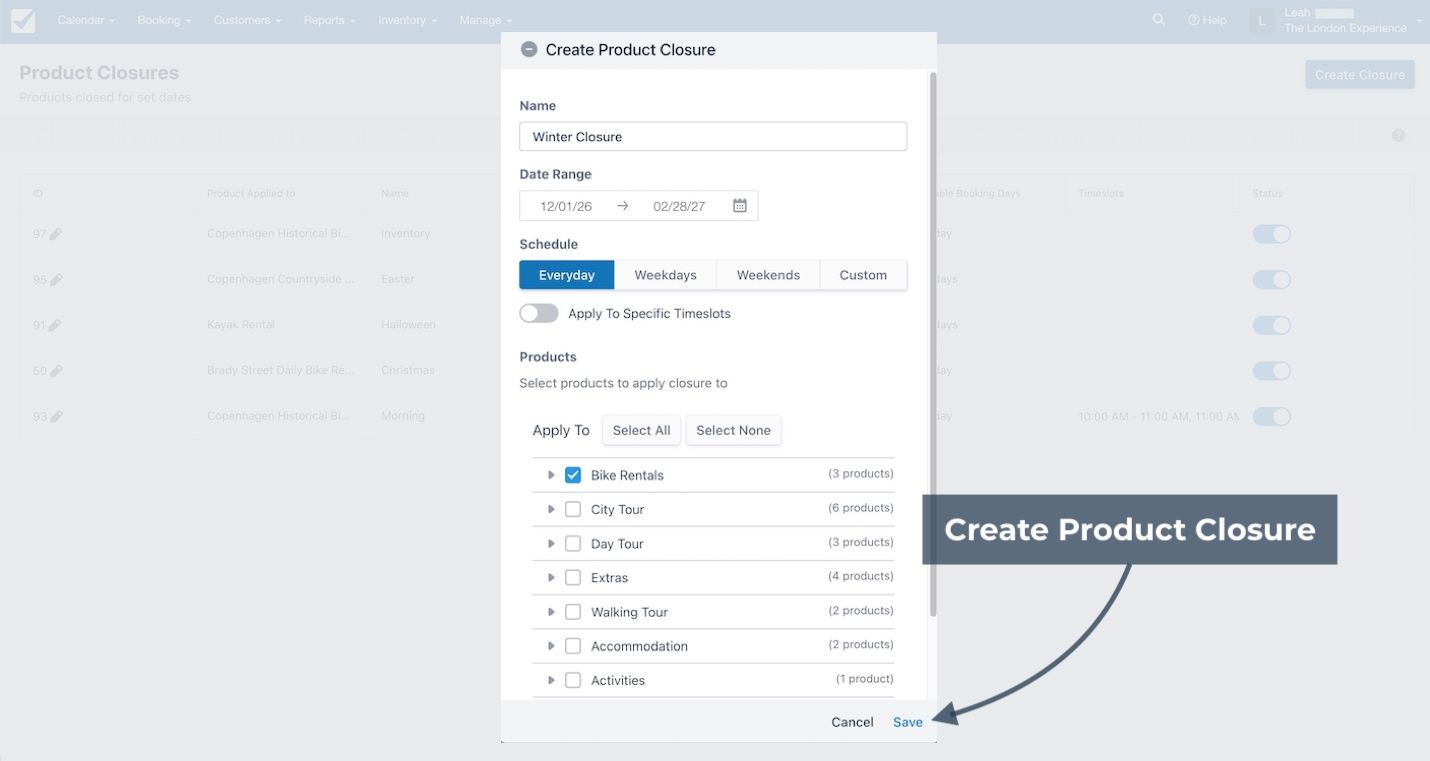 Create product closure form showing Winter Closure with date range, schedule options, product selection, and Save button.