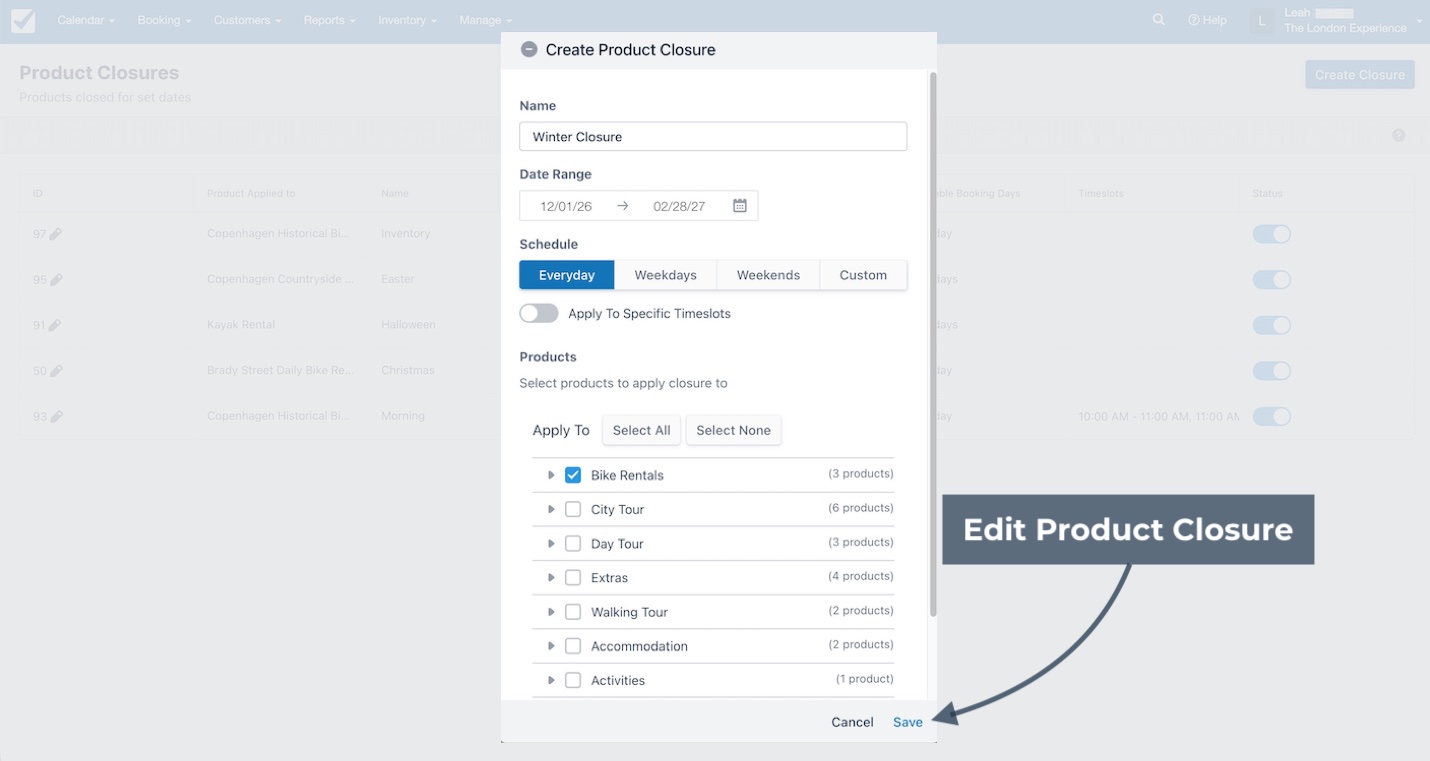 Create product closure form showing fields for name, date range, schedule, and products to edit a product closure.