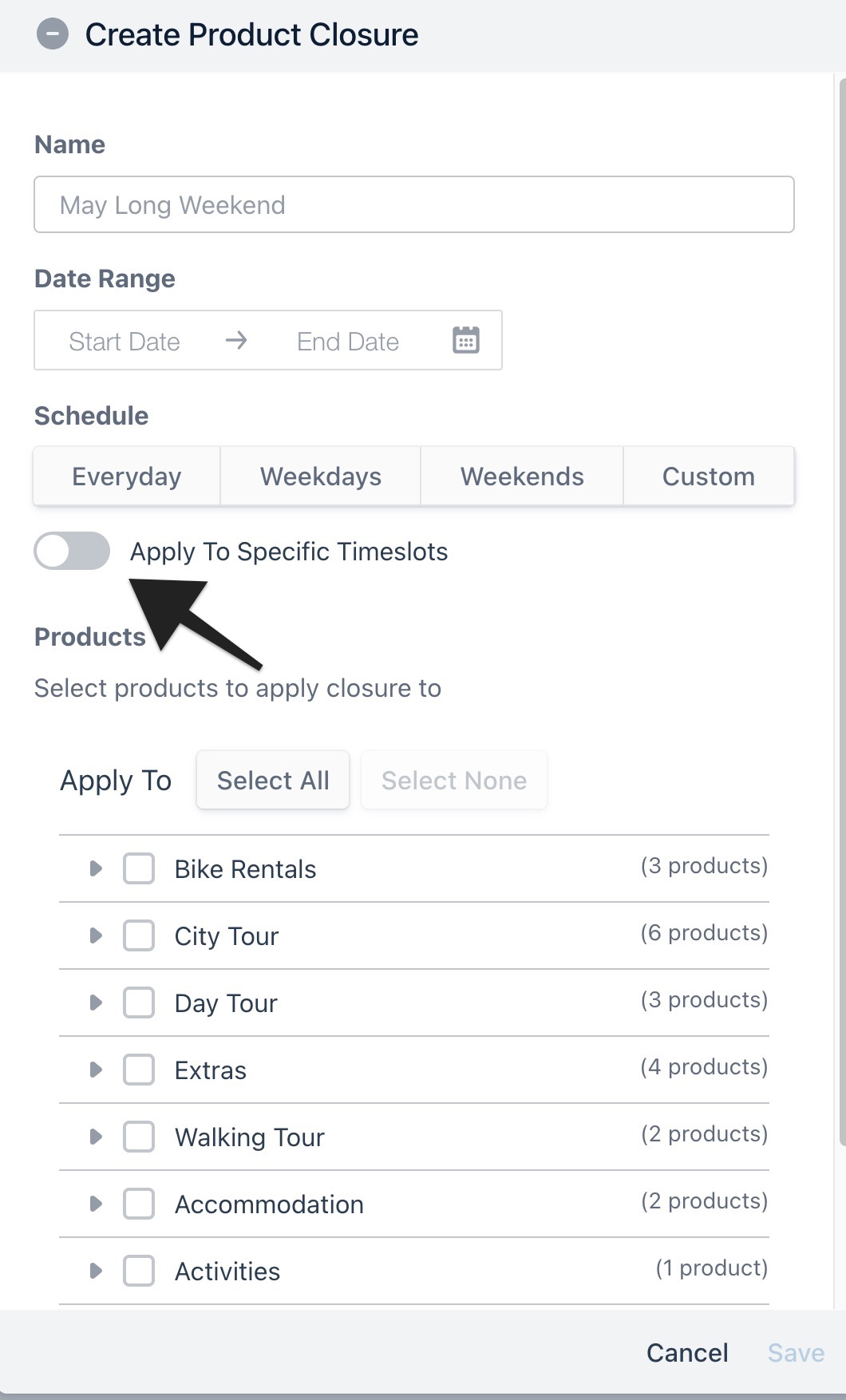 Create Product Closure screen highlighting Apply To Specific Timeslots toggle option in the schedule settings.