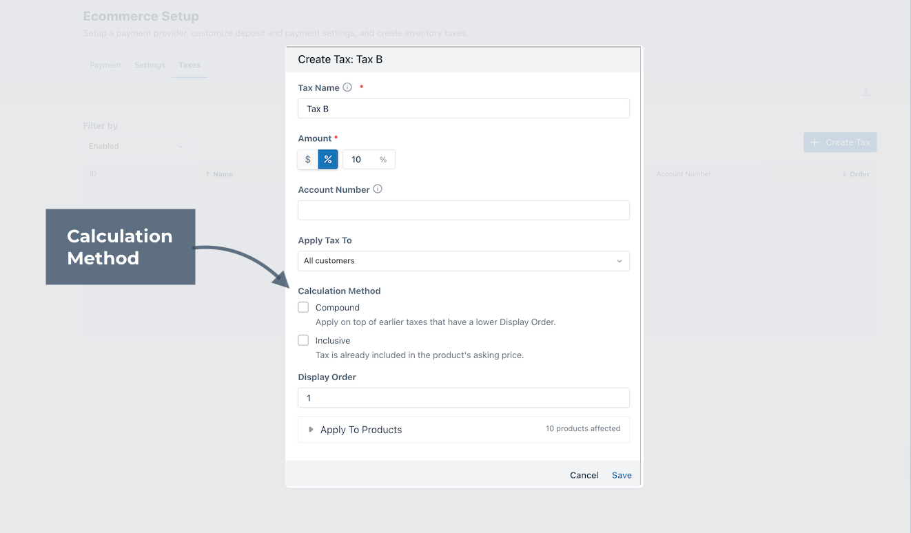Ecommerce setup highlighting the Calculation Method setting.