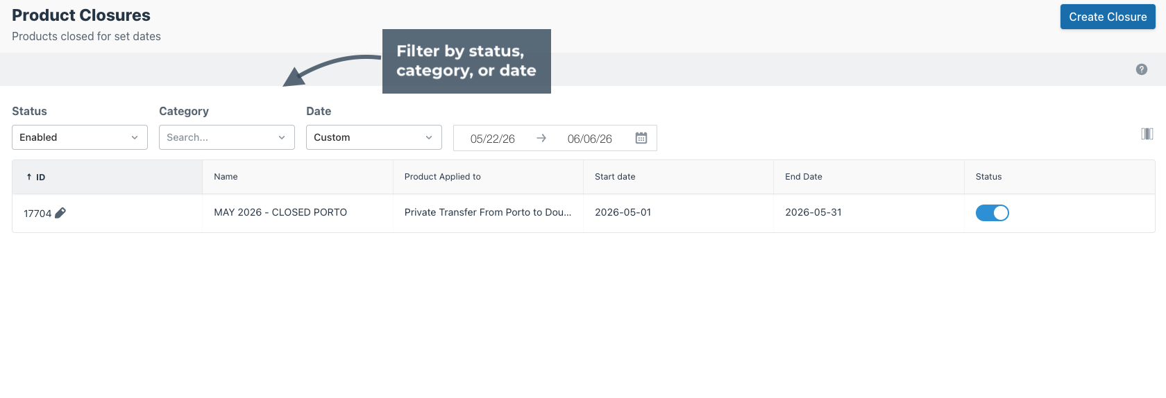 Product Closures page showing options to filter by status, category, and date.