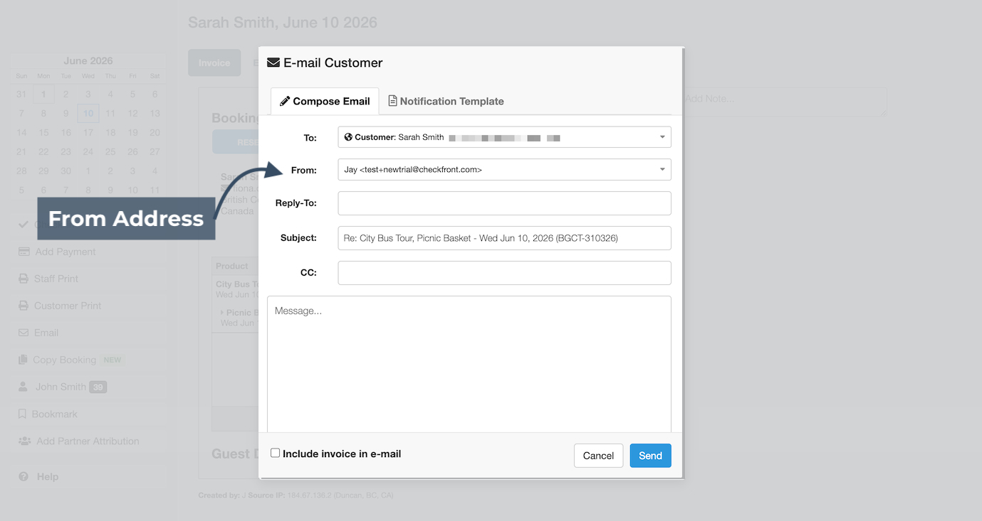 Compose Email tab with 'From' email address highlighted.
