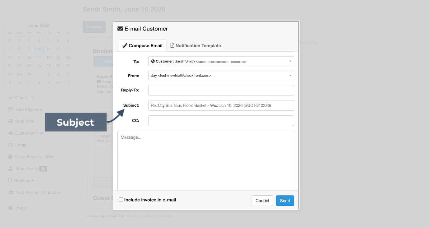 Compose email tab within E-mail Customer modal with Subject field highlighted.