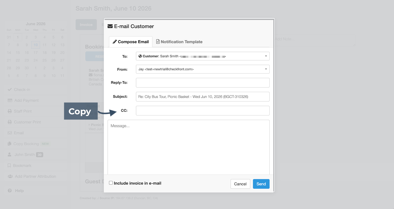 Compose Email tab within E-mail Customer modal with 'CC' field highlighted.