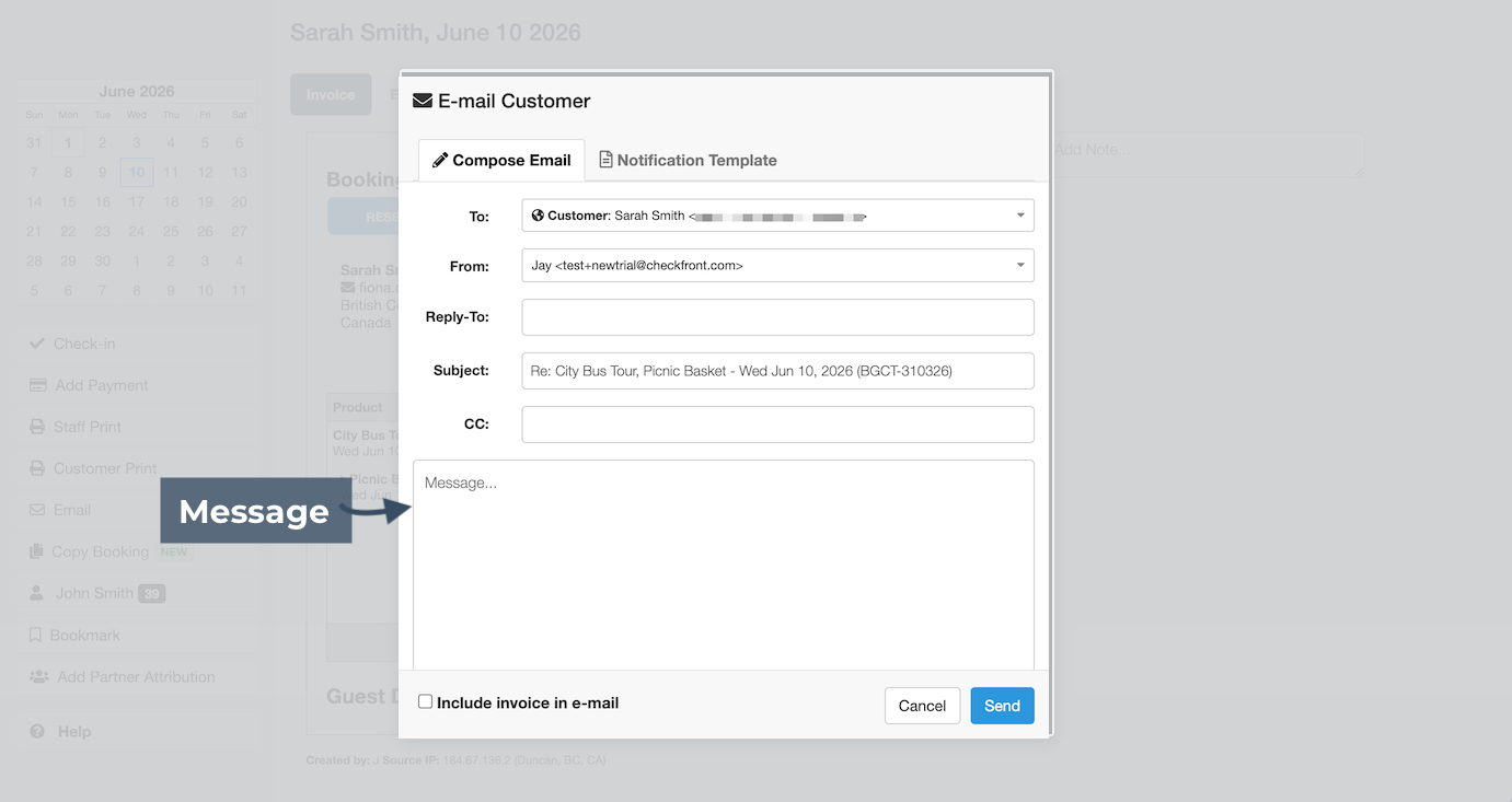 Compose Email tab within E-mail Customer modal highlighting the 'Message' area..