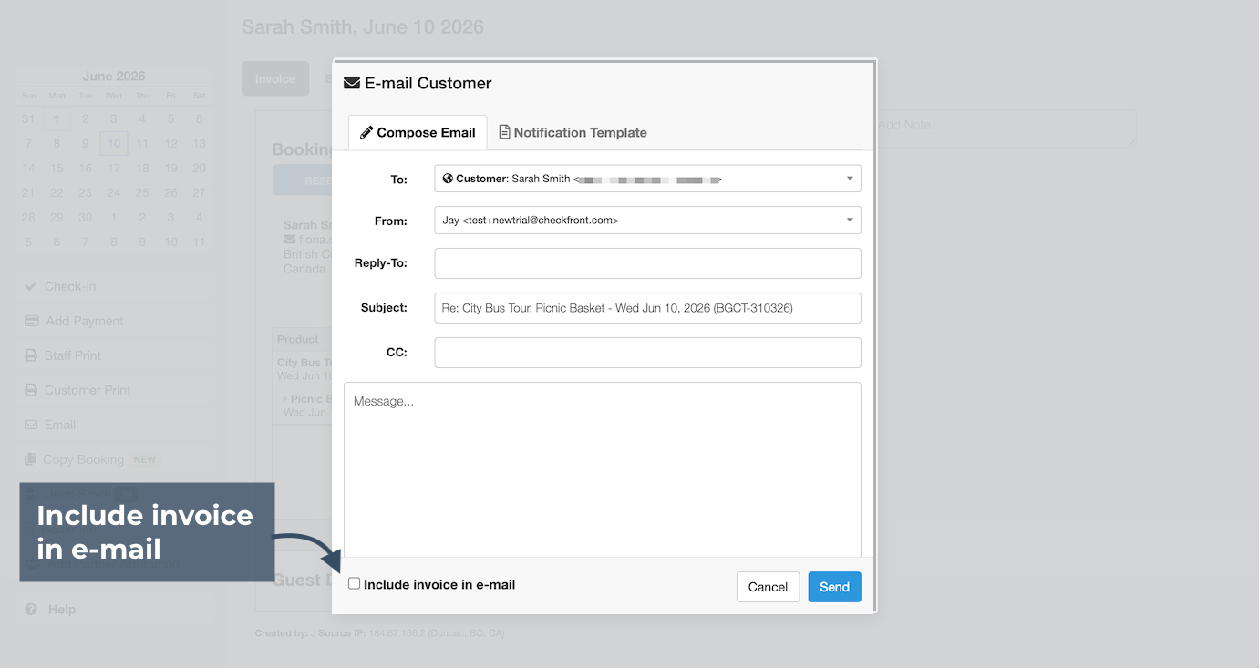 Compose Email tab within E-mail Customer modal highlighting 'Include Invoice in e-mail'.