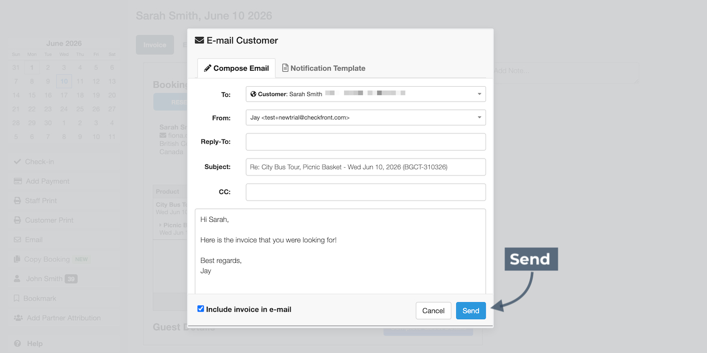 E-mail Customer modal and Compose Email highlighting the Send button.