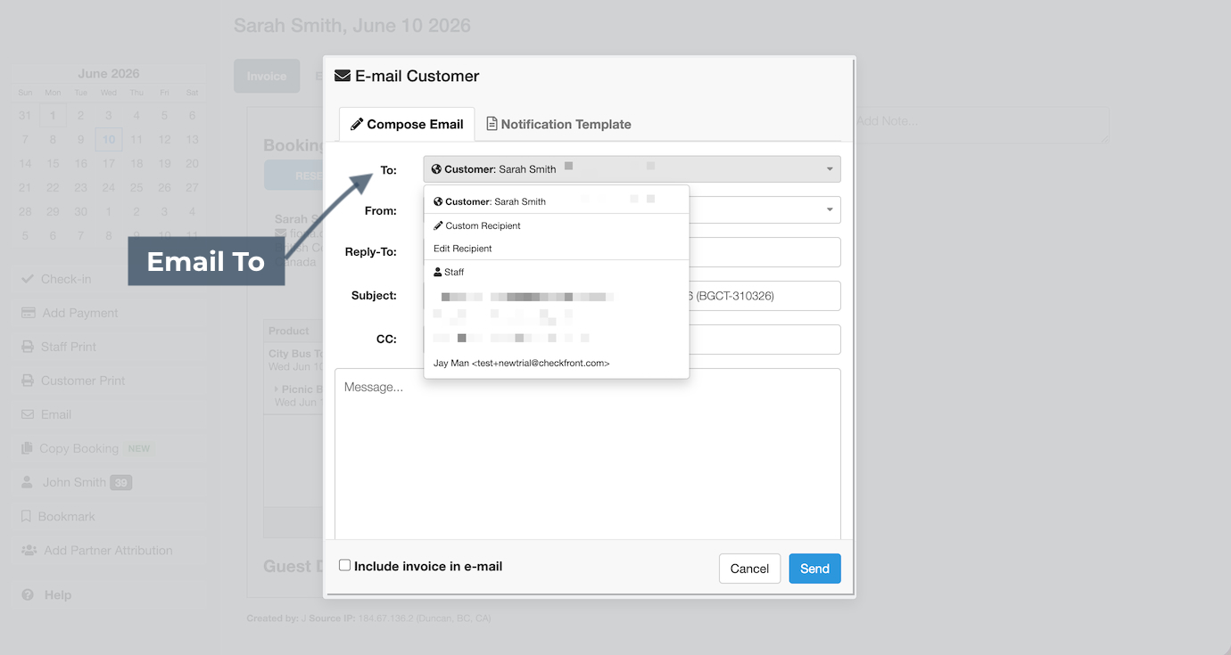 Compose Email tab within E-mail Customer modal with 'To' address field highlighted.