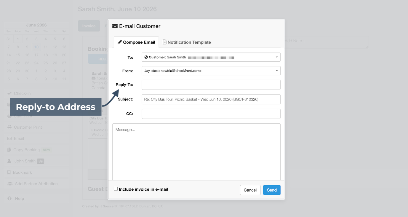 Compose Email tab within Email Customer modal with 'Reply-to' field highlighted.