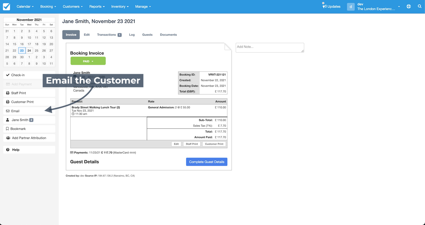 Booking screen highlighting the Email button to send booking details and invoice to the customer.
