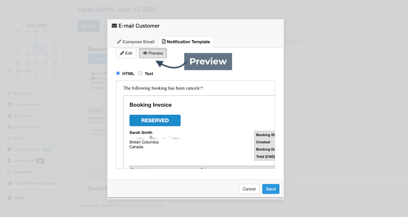 E-mail Customer modal and Notification Template with annotation pointing to Preview button.