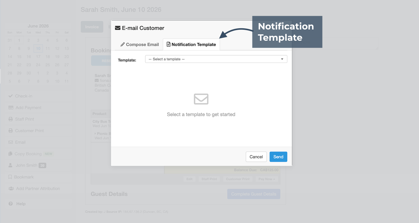 E-mail Customer modal highlighting the Notification Template tab