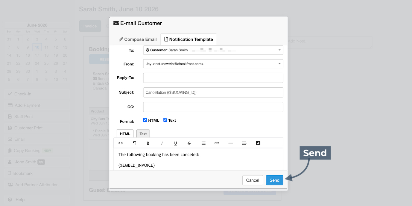 E-mail Customer modal and Notification Template tab with annotation pointing to the Send button.