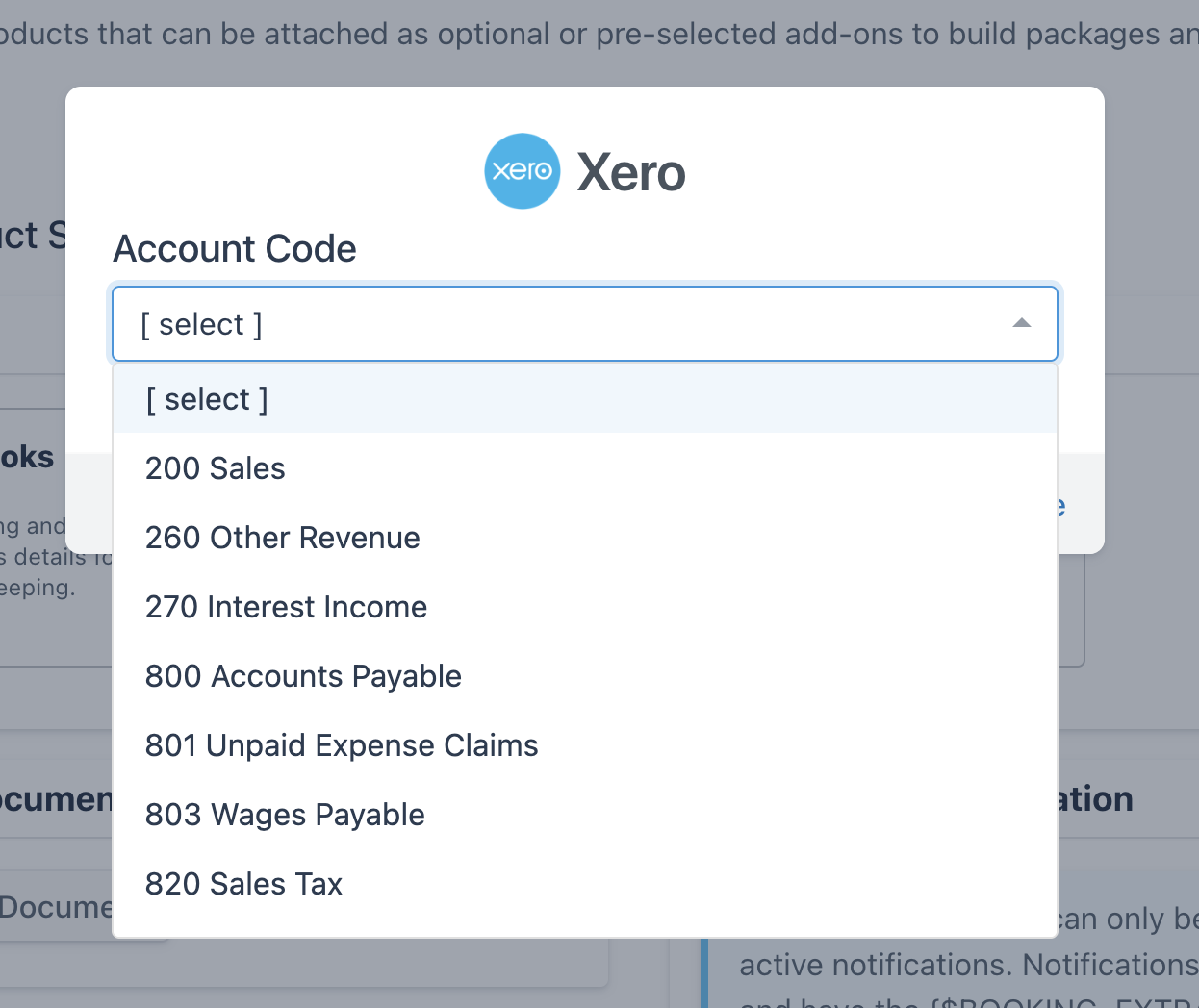 Xero account code setting within Advanced Tab of Product Builder.