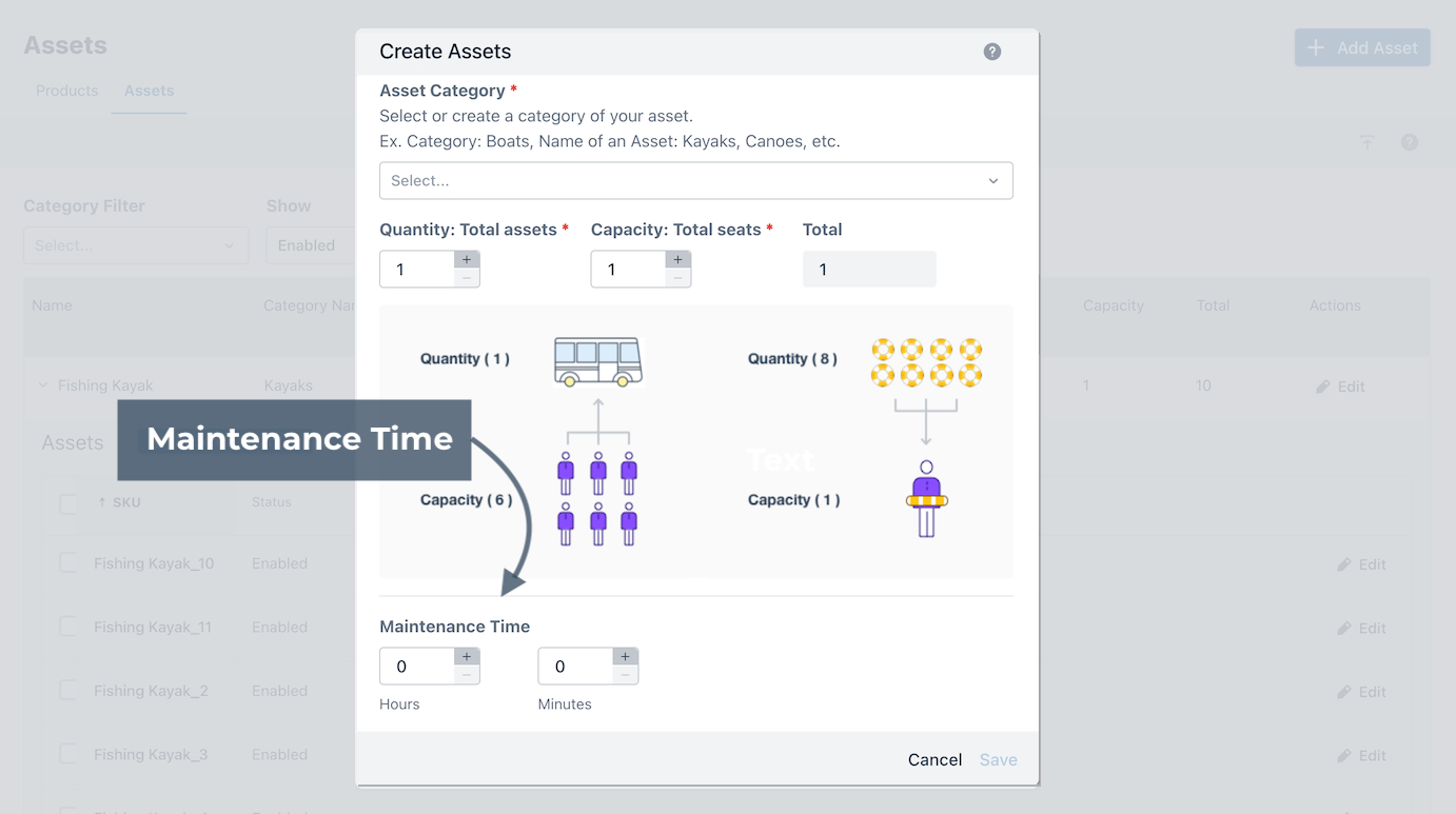 Create asset modal highlighting maintenance time setting