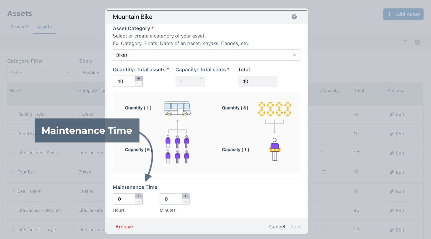 Edit asset modal highlighting maintenance time setting
