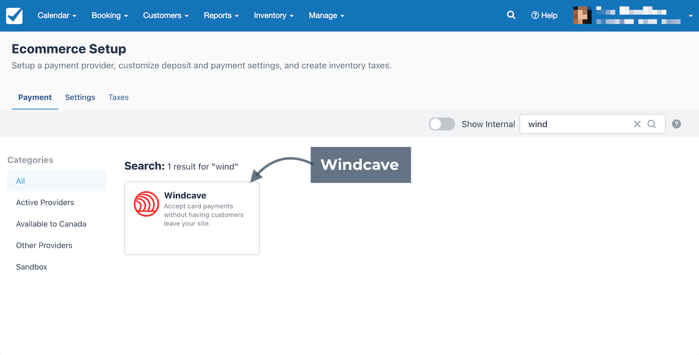 Ecommerce Setup page with annotation pointing to Windcave listing.