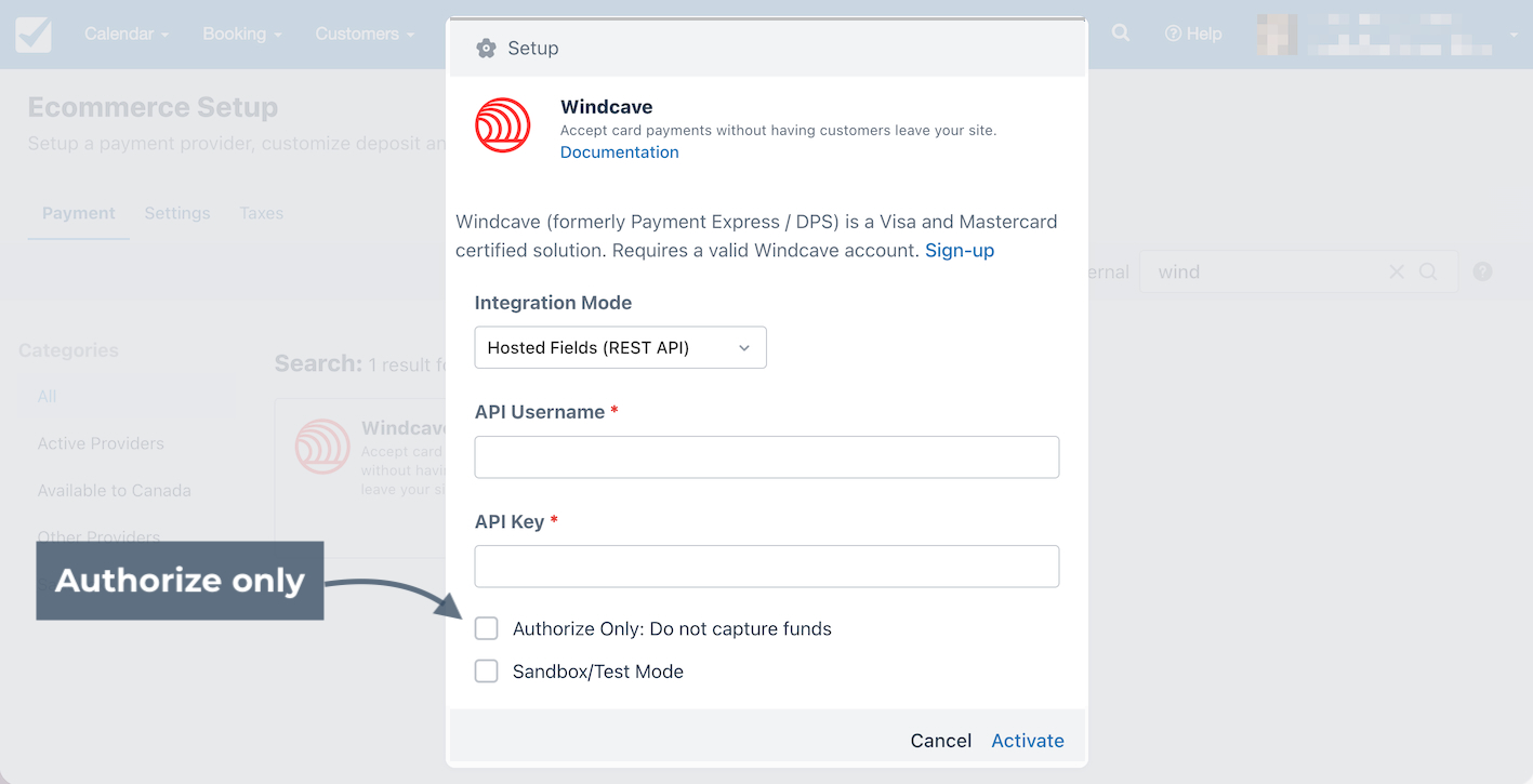 Windcave setup modal with annotation pointing to the Authorize only setting.
