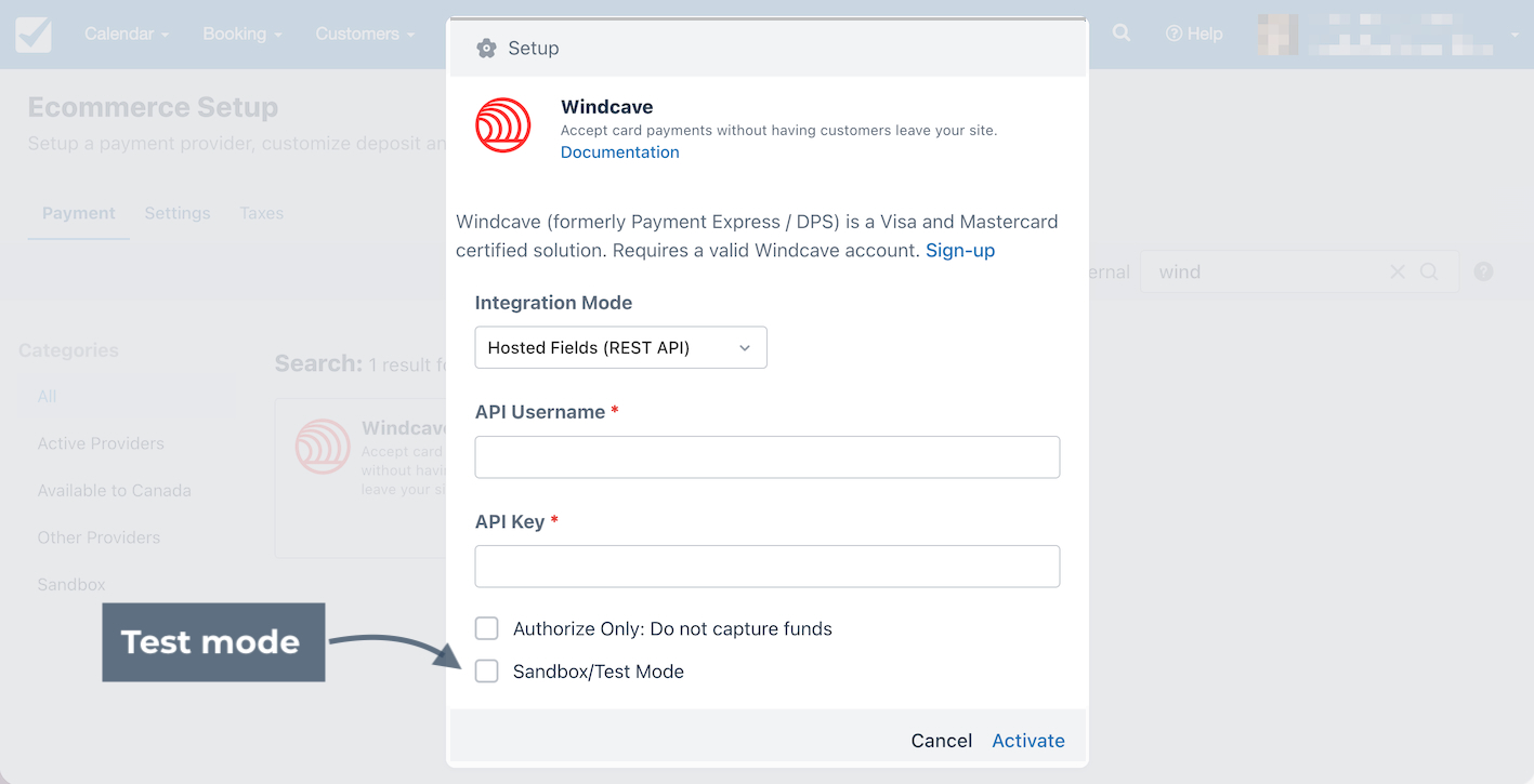 Windcave setup modal with annotation pointing to the Sandbox/Test Mode setting.