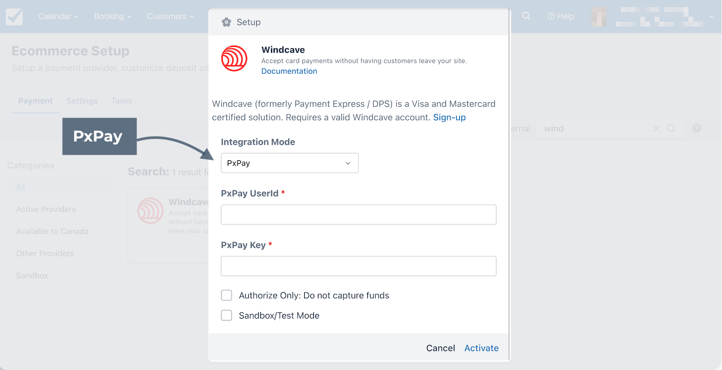 Windcave setup modal with PxPay Integration Mode selected.