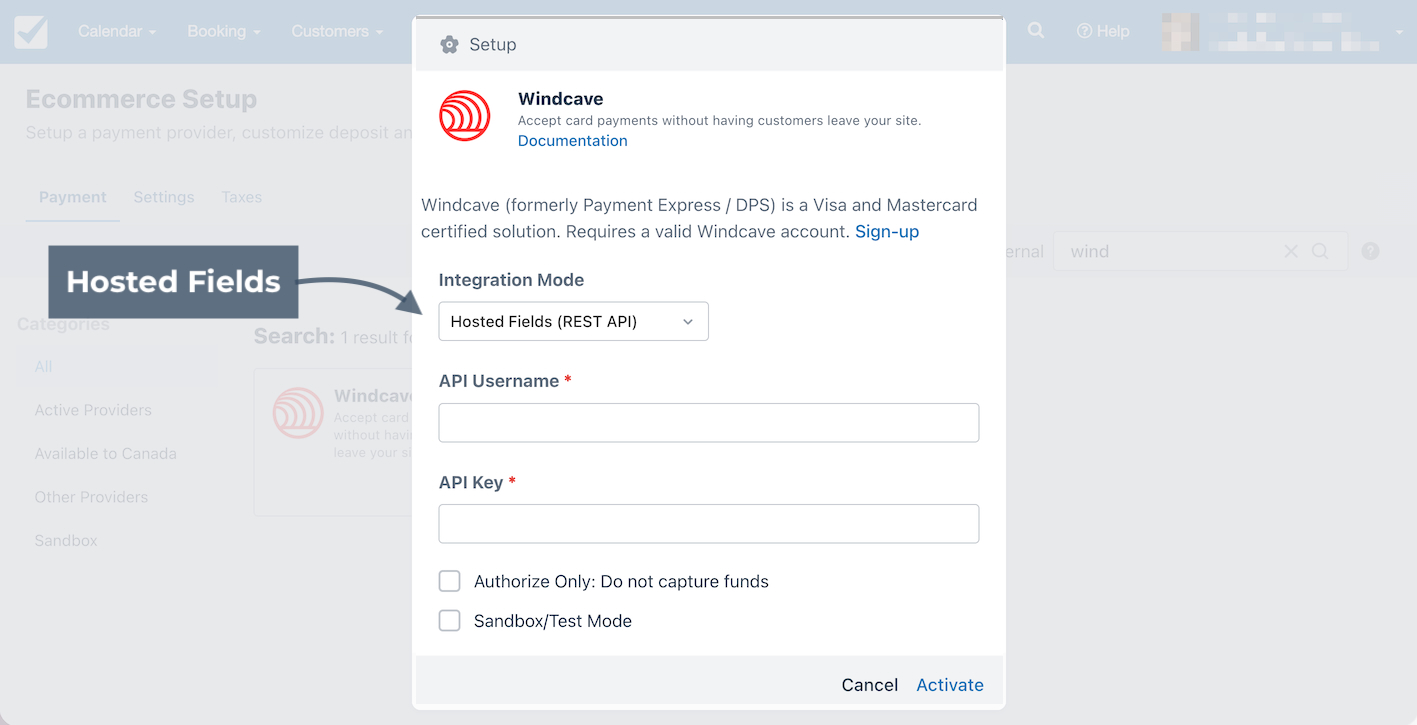 Windcave setup modal with annotation pointing to Hosted Fields integration mode.