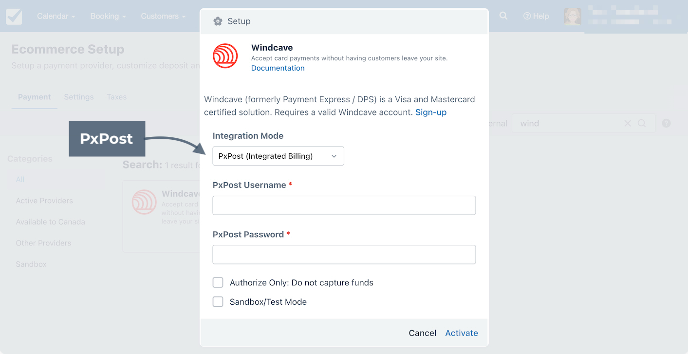 Windcave setup modal with PxPost Integration Mode selected.